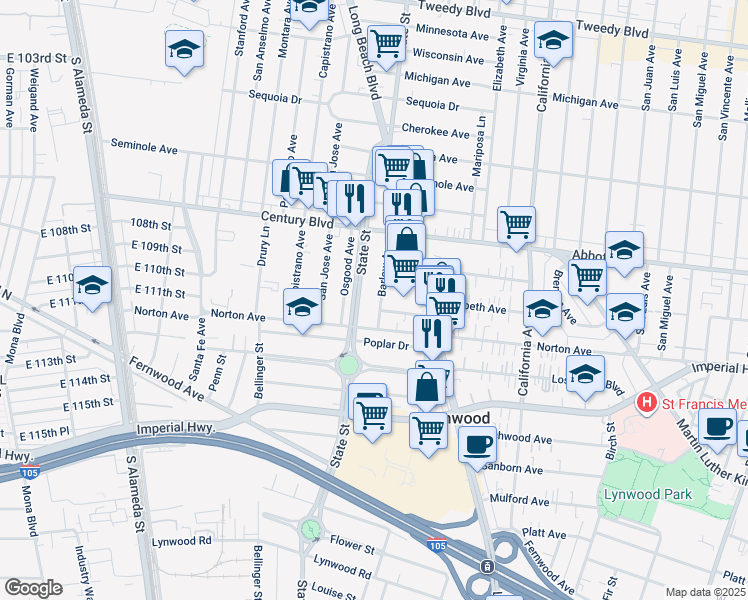 map of restaurants, bars, coffee shops, grocery stores, and more near 10787 Barlow Avenue in Lynwood