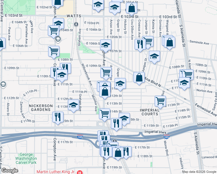 map of restaurants, bars, coffee shops, grocery stores, and more near in Los Angeles