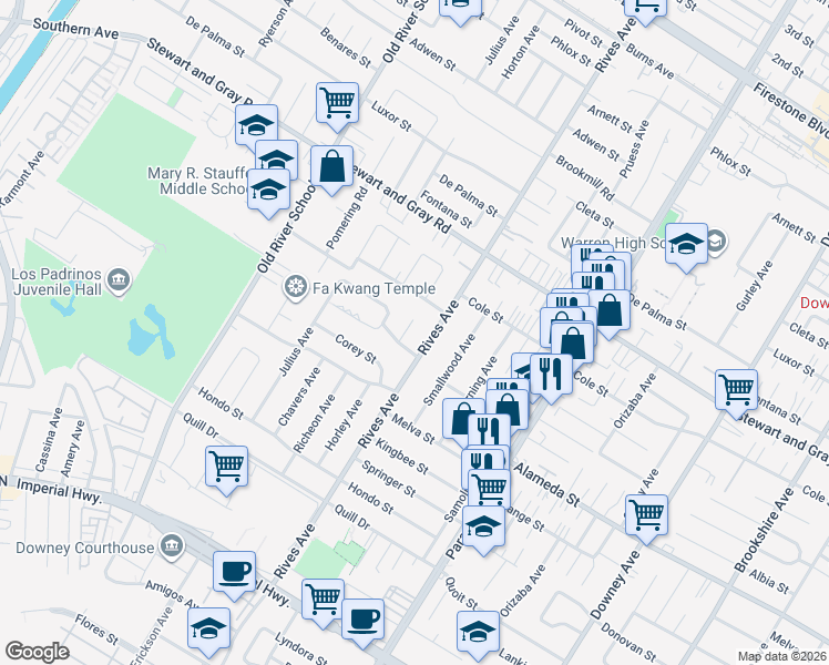 map of restaurants, bars, coffee shops, grocery stores, and more near 12066 Horley Avenue in Downey