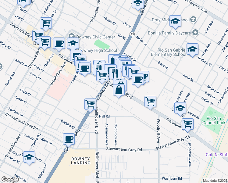 map of restaurants, bars, coffee shops, grocery stores, and more near 9060 Firestone Boulevard in Downey