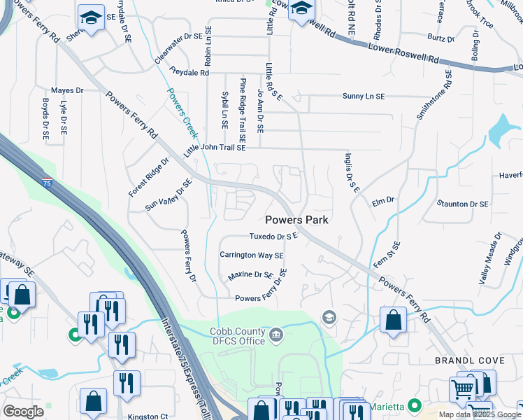 map of restaurants, bars, coffee shops, grocery stores, and more near 827 Bonnie Glen Drive Southeast in Marietta