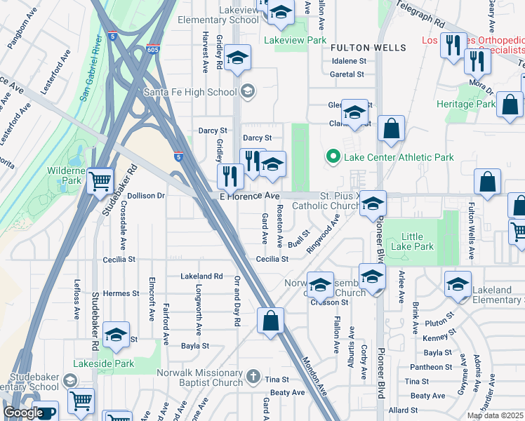 map of restaurants, bars, coffee shops, grocery stores, and more near 11443 Quinn Street in Santa Fe Springs