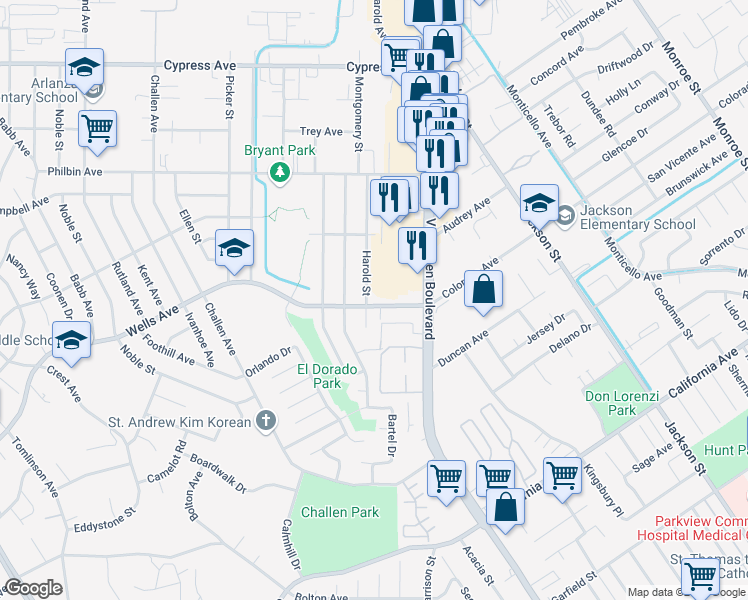 map of restaurants, bars, coffee shops, grocery stores, and more near 7571 Wells Avenue in Riverside