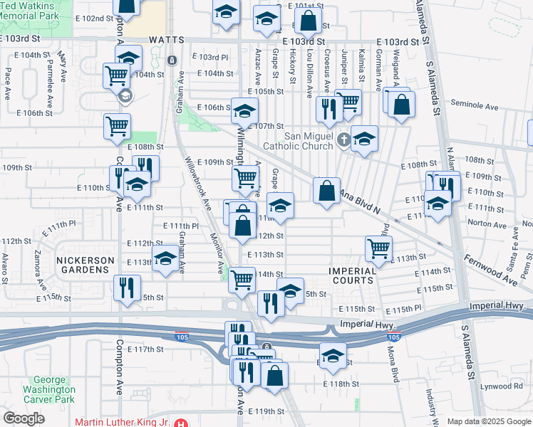 map of restaurants, bars, coffee shops, grocery stores, and more near 1943 East 111th Street in Los Angeles