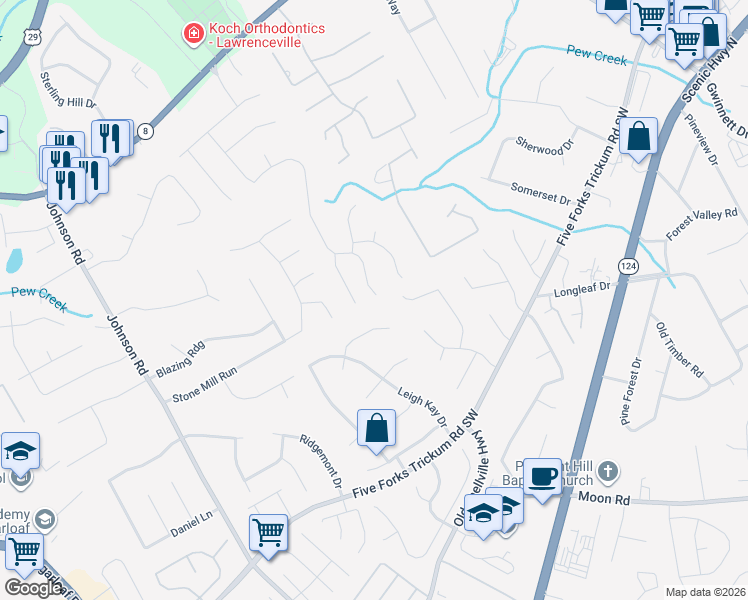 map of restaurants, bars, coffee shops, grocery stores, and more near 601 Thornbush Trce in Lawrenceville