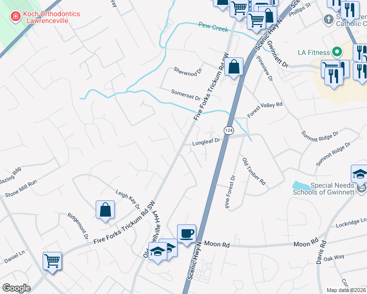 map of restaurants, bars, coffee shops, grocery stores, and more near 775 Longleaf Drive in Lawrenceville