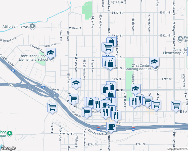 map of restaurants, bars, coffee shops, grocery stores, and more near 926 Edgar Avenue in Beaumont