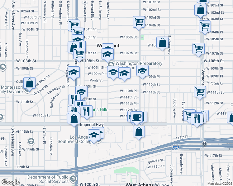map of restaurants, bars, coffee shops, grocery stores, and more near 1532 West 110th Place in Los Angeles