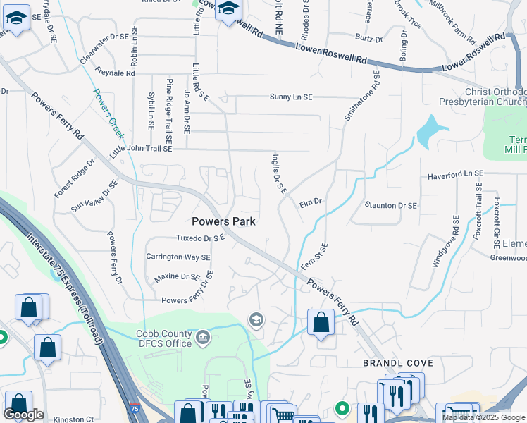 map of restaurants, bars, coffee shops, grocery stores, and more near 589 Lullingstone Drive Southeast in Marietta