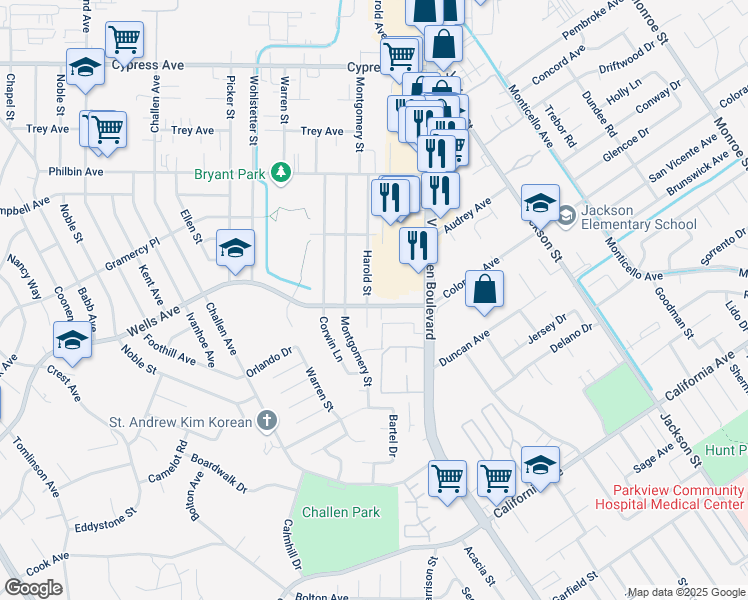 map of restaurants, bars, coffee shops, grocery stores, and more near 7571 Wells Avenue in Riverside