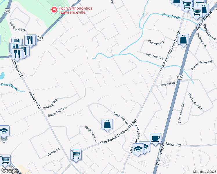 map of restaurants, bars, coffee shops, grocery stores, and more near 610 Thornbush Trce in Lawrenceville