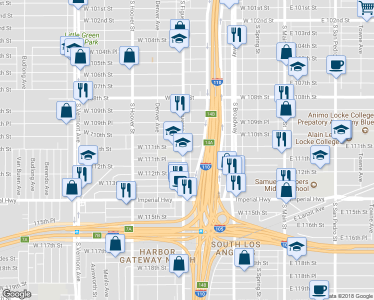 map of restaurants, bars, coffee shops, grocery stores, and more near 11106 South Figueroa Street in Los Angeles