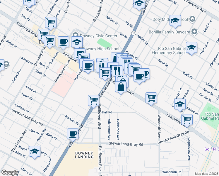 map of restaurants, bars, coffee shops, grocery stores, and more near 9060 Firestone Blvd in Downey