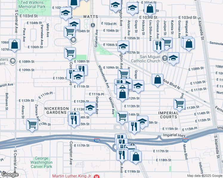 map of restaurants, bars, coffee shops, grocery stores, and more near 11026 Willowbrook Ave in Los Angeles