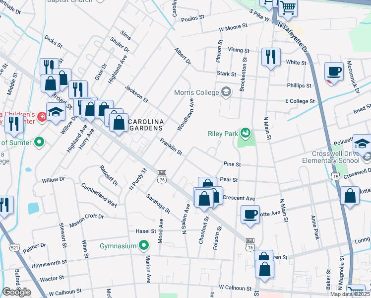 map of restaurants, bars, coffee shops, grocery stores, and more near 38 Corbett Street in Sumter