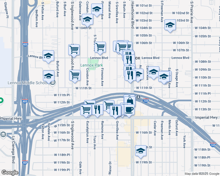 map of restaurants, bars, coffee shops, grocery stores, and more near W 111th St & S Mansel Ave in Inglewood