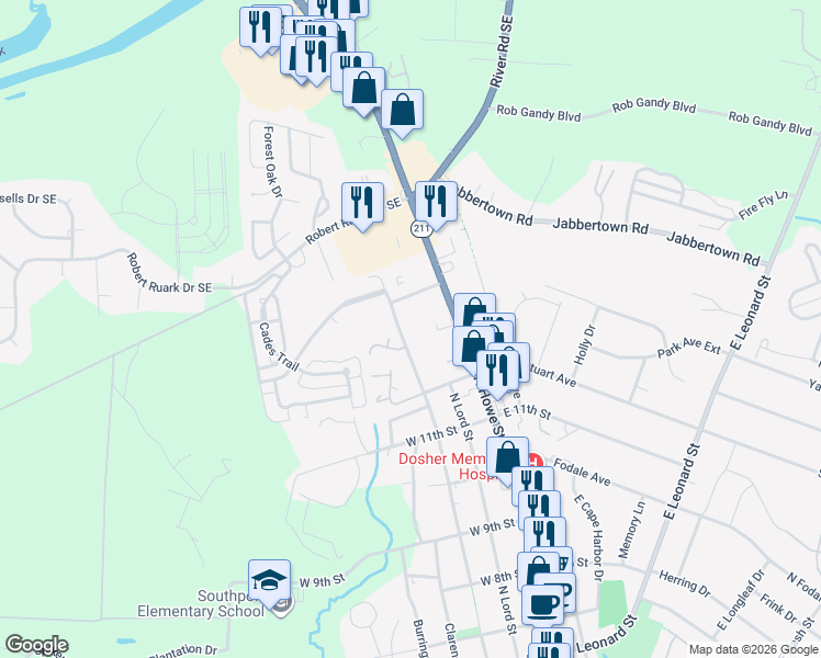 map of restaurants, bars, coffee shops, grocery stores, and more near 1224 North Caswell Avenue in Southport