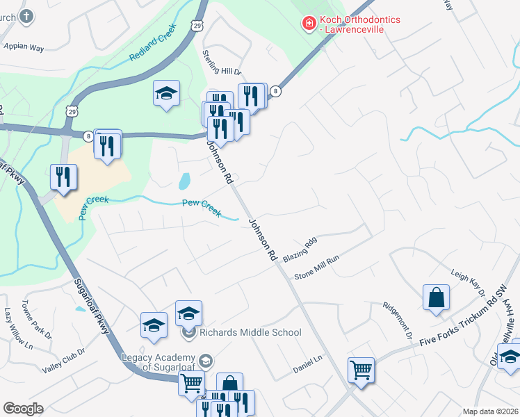 map of restaurants, bars, coffee shops, grocery stores, and more near 1185 Johnson Circle in Lawrenceville