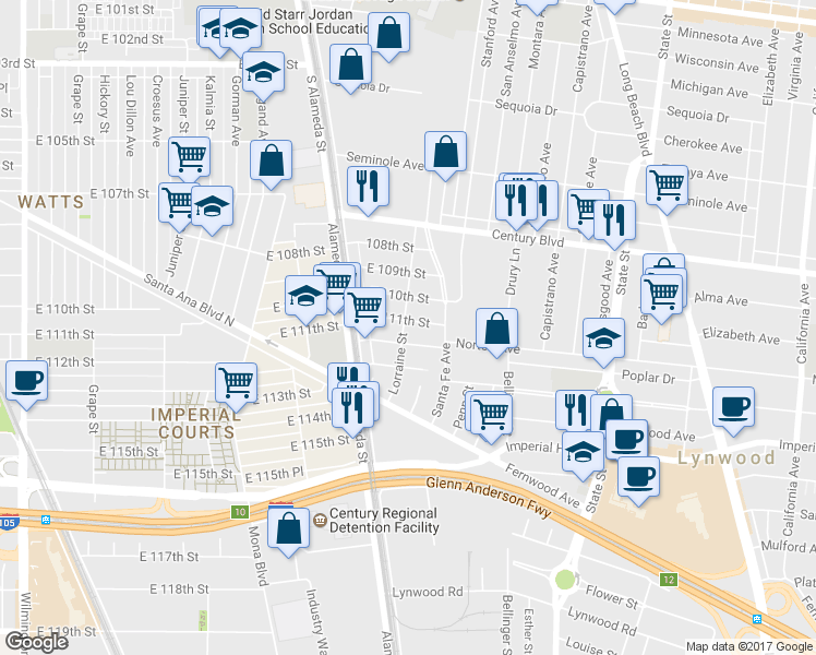 map of restaurants, bars, coffee shops, grocery stores, and more near 2700 East 111th Street in Lynwood