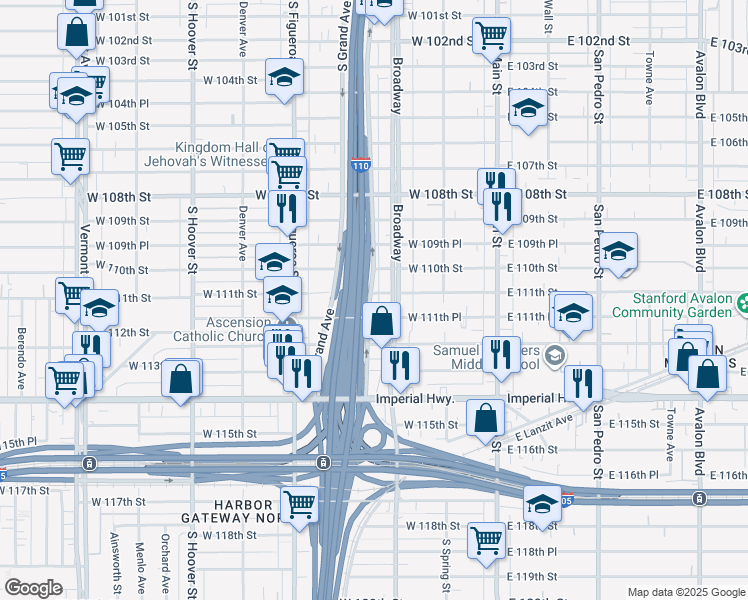 map of restaurants, bars, coffee shops, grocery stores, and more near 318 West 111th Street in Los Angeles