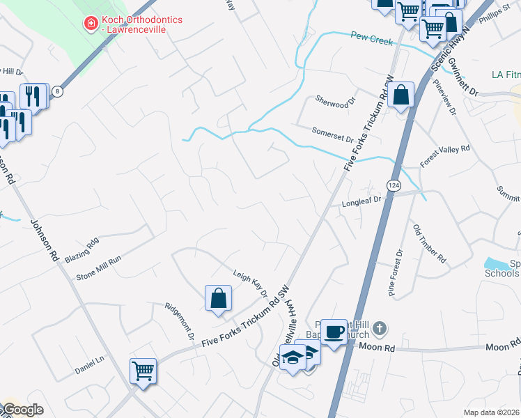 map of restaurants, bars, coffee shops, grocery stores, and more near 460 Bedford Bay Lane in Lawrenceville
