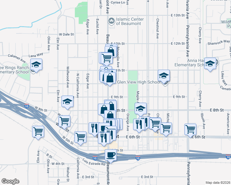map of restaurants, bars, coffee shops, grocery stores, and more near 925 Magnolia Avenue in Beaumont