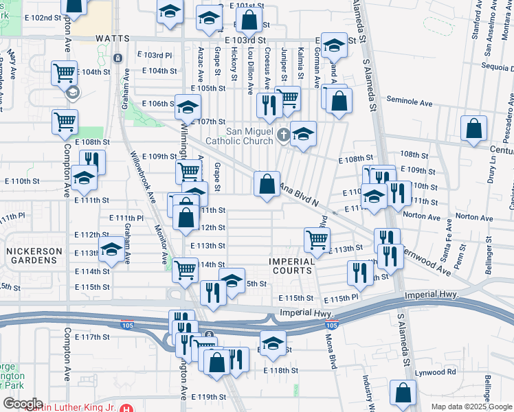 map of restaurants, bars, coffee shops, grocery stores, and more near 2111 E 111th St in Los Angeles