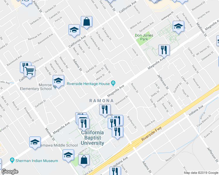 map of restaurants, bars, coffee shops, grocery stores, and more near 3827 Gates Place in Riverside