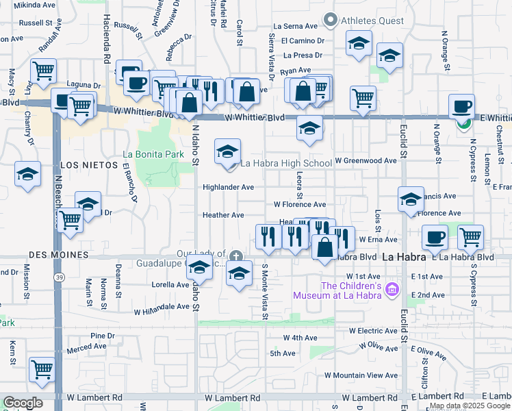map of restaurants, bars, coffee shops, grocery stores, and more near 820 West Florence Avenue in La Habra
