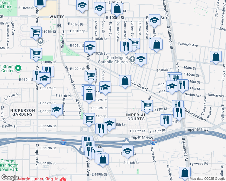 map of restaurants, bars, coffee shops, grocery stores, and more near 2005 East 111th Street in Los Angeles