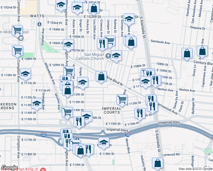 map of restaurants, bars, coffee shops, grocery stores, and more near 2211 East 111th Street in Los Angeles