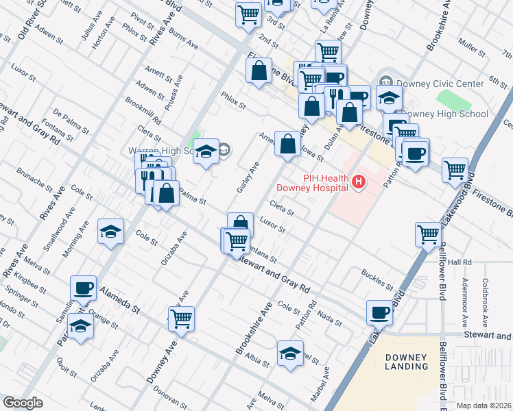 map of restaurants, bars, coffee shops, grocery stores, and more near 11709 Downey Avenue in Downey