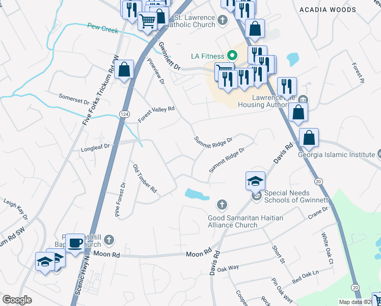 map of restaurants, bars, coffee shops, grocery stores, and more near 377 Brandy Creek Road in Lawrenceville