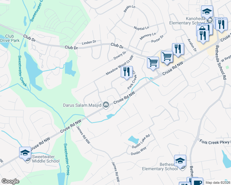 map of restaurants, bars, coffee shops, grocery stores, and more near 3010 Meadowview Lane in Lawrenceville
