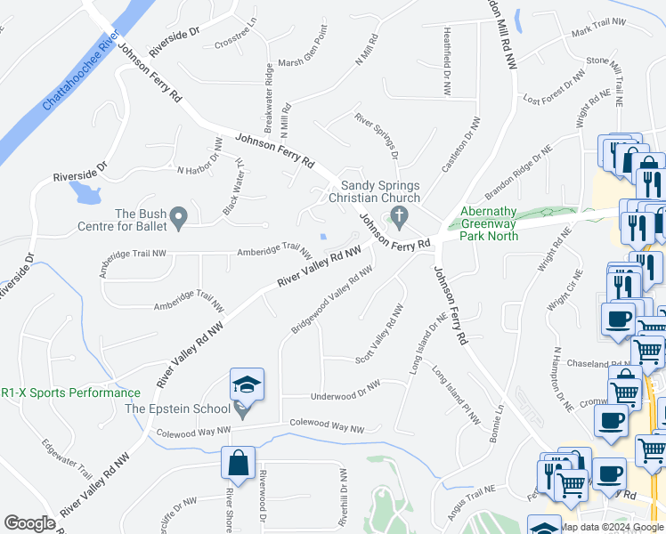 map of restaurants, bars, coffee shops, grocery stores, and more near 230 River Valley Road Northwest in Atlanta