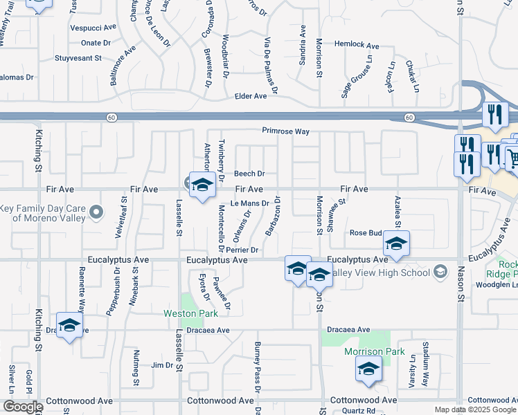 map of restaurants, bars, coffee shops, grocery stores, and more near 12809 Fontainebleau Drive in Moreno Valley