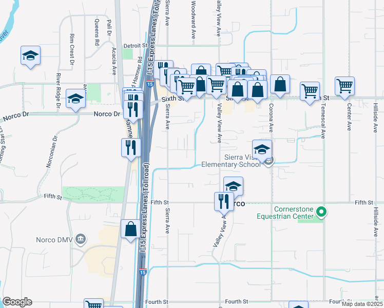 map of restaurants, bars, coffee shops, grocery stores, and more near 1404 Barnhart Lane in Norco