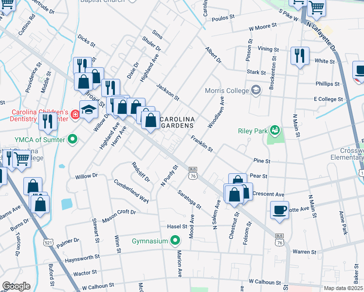 map of restaurants, bars, coffee shops, grocery stores, and more near 15 Morgan Avenue in Sumter