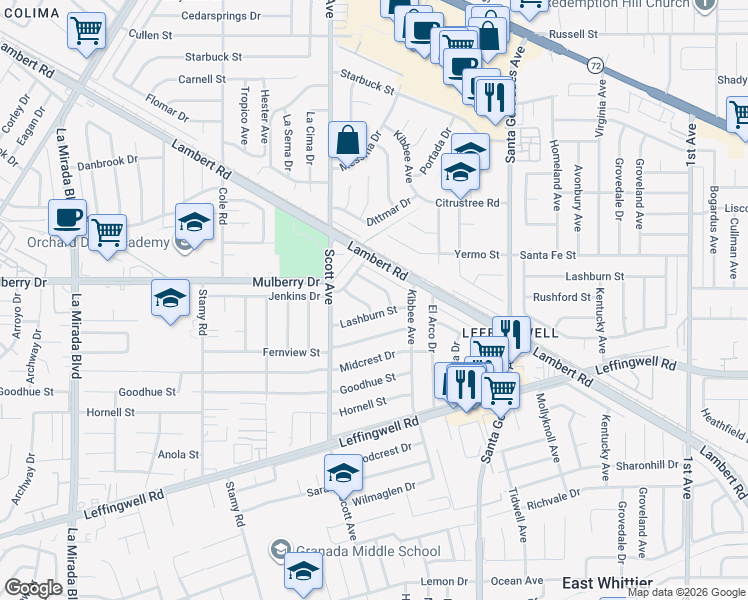 map of restaurants, bars, coffee shops, grocery stores, and more near 10836 Mayes Drive in Whittier