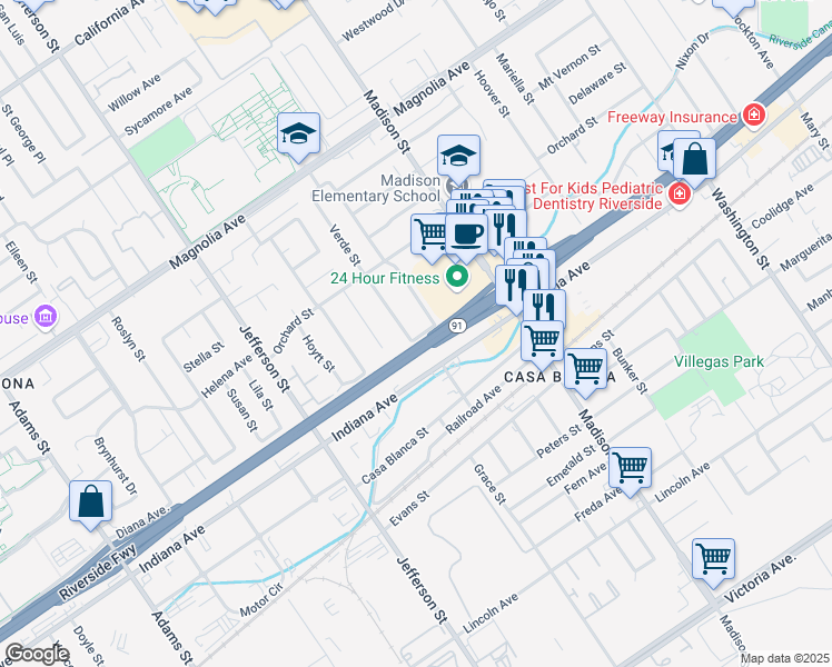 map of restaurants, bars, coffee shops, grocery stores, and more near 3469 Verde Street in Riverside