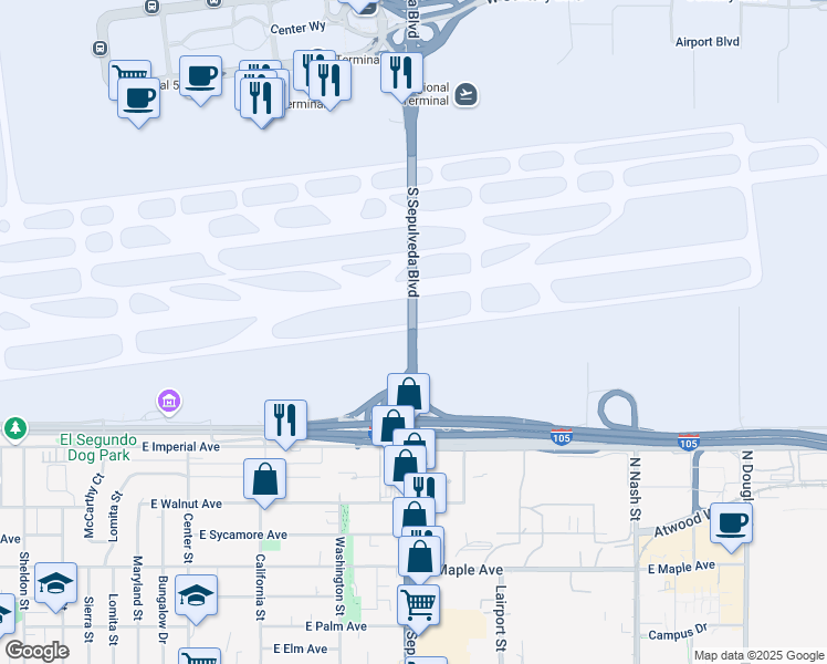 map of restaurants, bars, coffee shops, grocery stores, and more near 10200 South Sepulveda Boulevard in Los Angeles