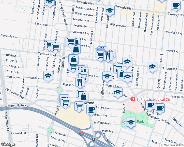 map of restaurants, bars, coffee shops, grocery stores, and more near 3365 Elizabeth Avenue in Lynwood