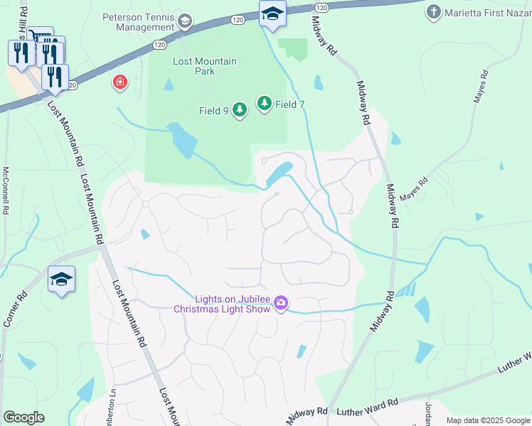 map of restaurants, bars, coffee shops, grocery stores, and more near 765 White Blossom Court in Powder Springs