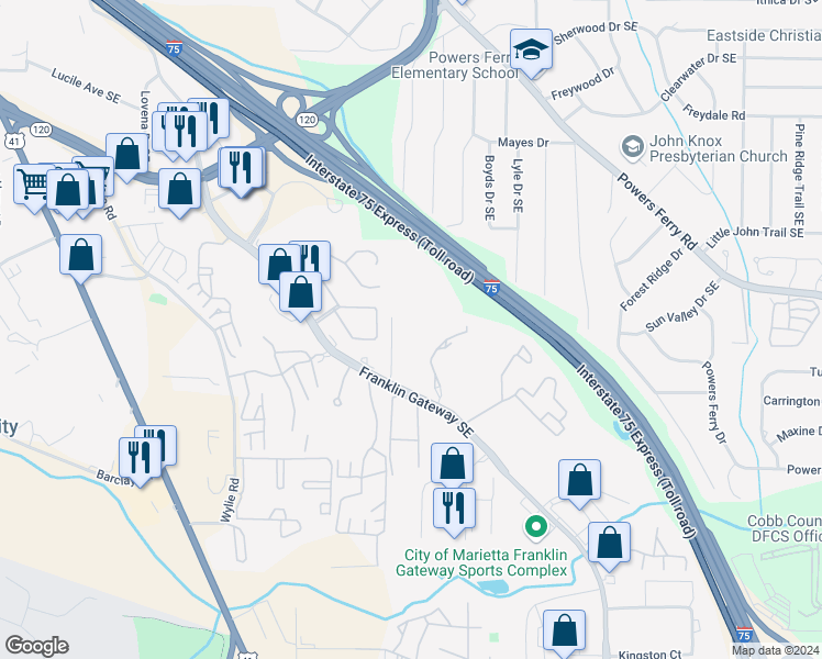 map of restaurants, bars, coffee shops, grocery stores, and more near 849 Franklin Road Southeast in Marietta