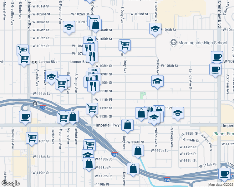 map of restaurants, bars, coffee shops, grocery stores, and more near 3834 West 111th Street in Inglewood
