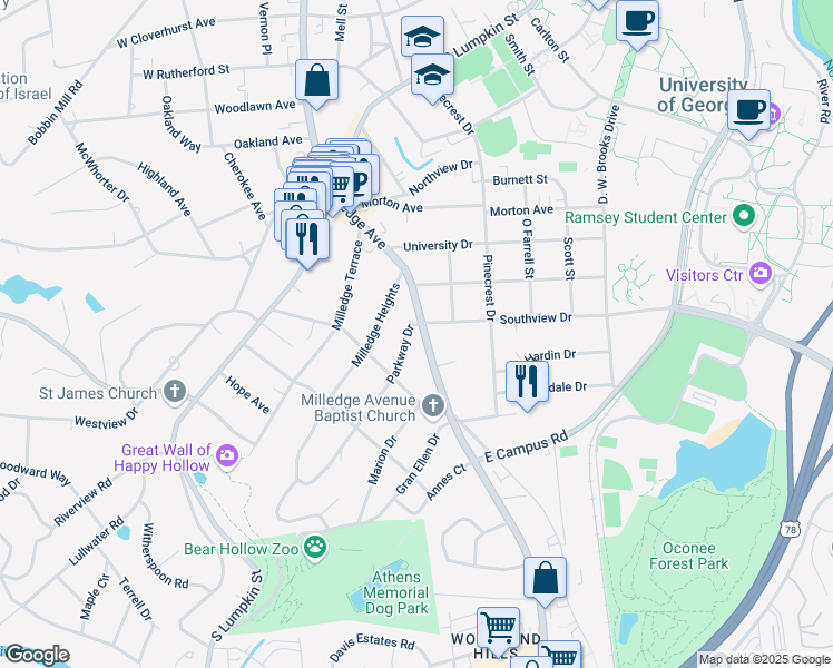 map of restaurants, bars, coffee shops, grocery stores, and more near 1620 South Milledge Avenue in Athens
