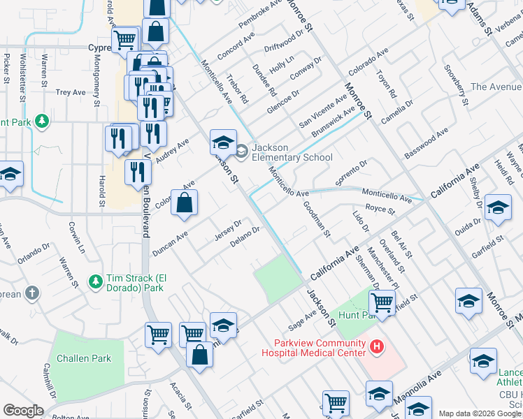 map of restaurants, bars, coffee shops, grocery stores, and more near 9089 Delano Drive in Riverside