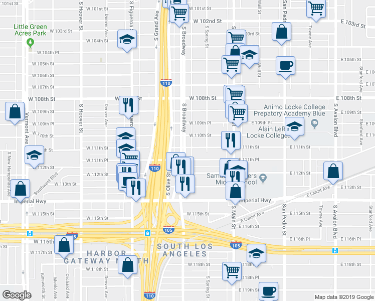 map of restaurants, bars, coffee shops, grocery stores, and more near 11106 South Broadway in Los Angeles