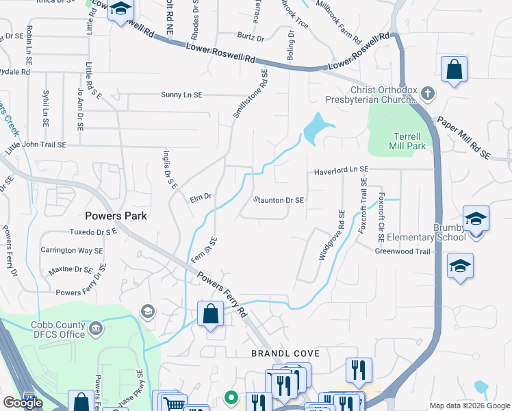map of restaurants, bars, coffee shops, grocery stores, and more near 2770 Staunton Drive Southeast in Marietta