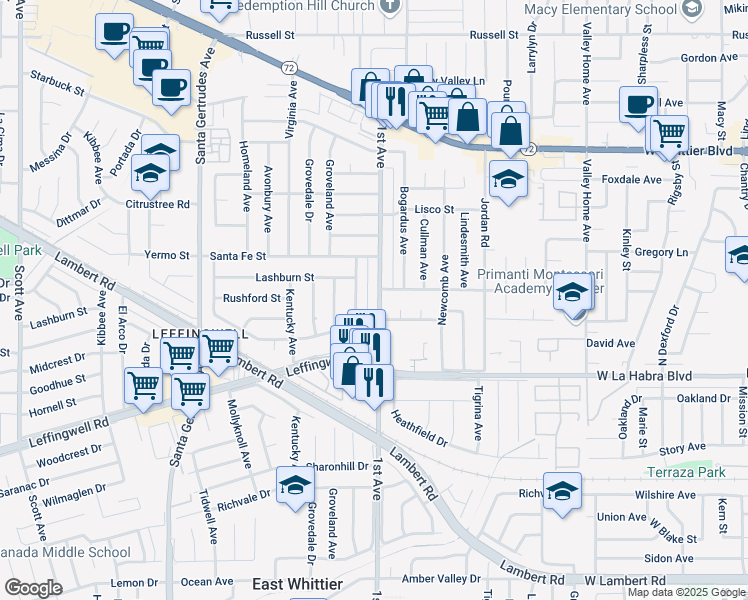 map of restaurants, bars, coffee shops, grocery stores, and more near 10903 1st Avenue in Whittier